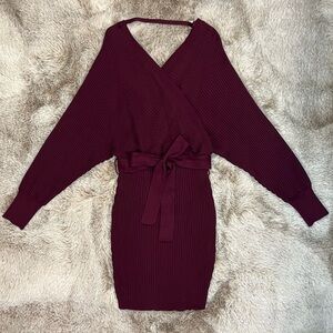 Love Tree Wine Sweater V-Neck Long Sleeve Ribbed Mini Dress NWOT